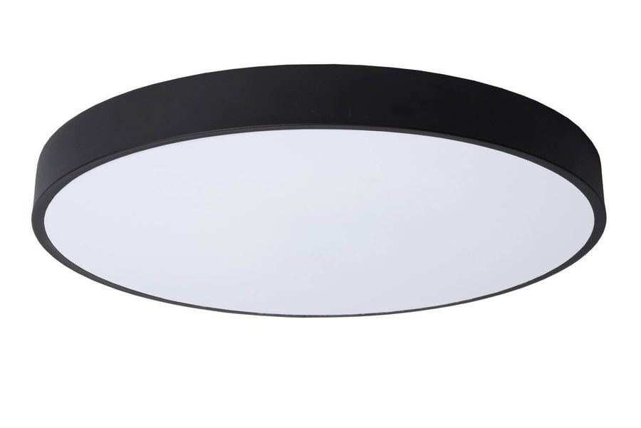 Plafonnier noir et diffuseur opale blanc éteint vu en biais.
