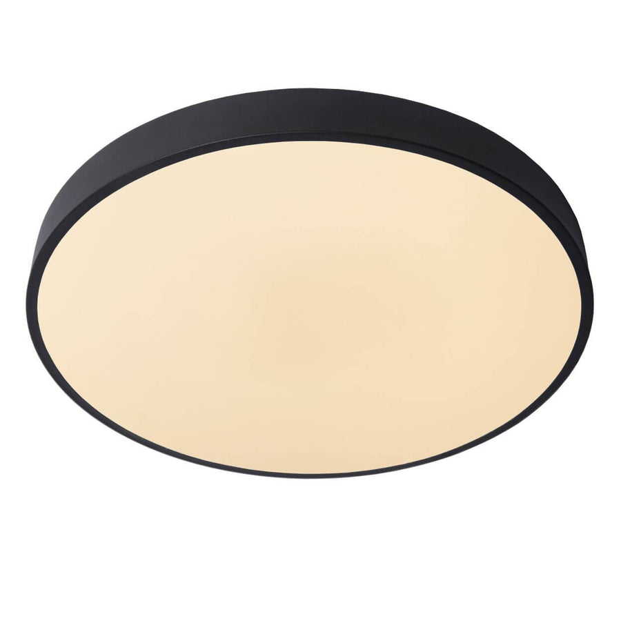 Plafonnier rond noir et diffuseur opale blanc vu de dessous.