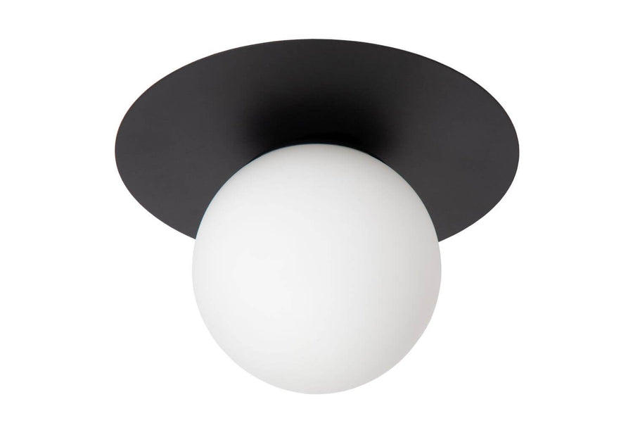 Détail de la finition noire et du verre opale blanc du luminaire