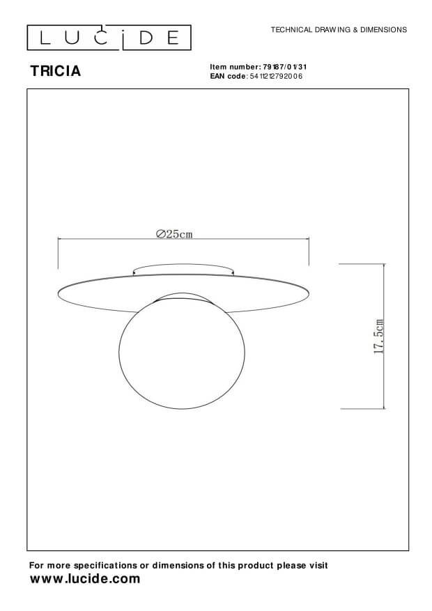 Schéma technique avec dimensions du plafonnier, diamètre et hauteur indiqués.