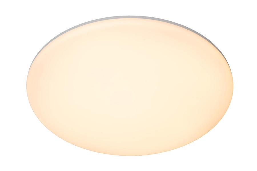 Vue de face rapprochée du diffuseur opale allumé et de son cerclage gris