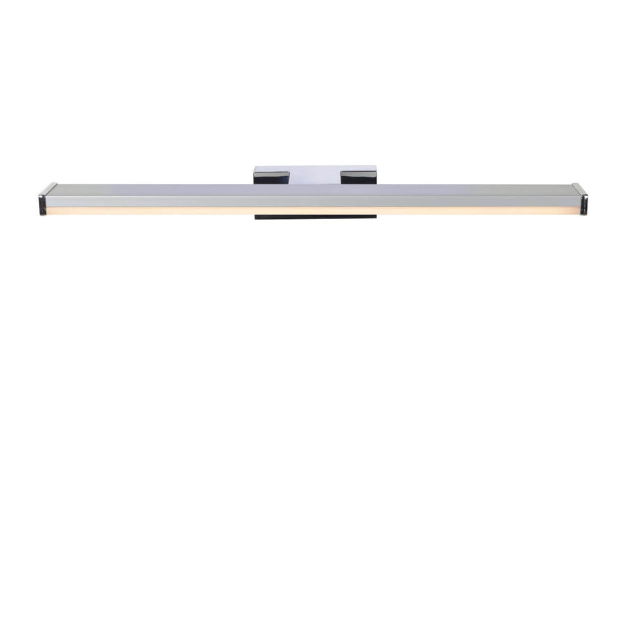 Vue de face du bandeau lumineux, base centrale chromée et éclairage chaud allumé.