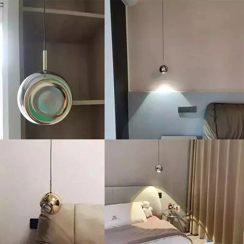 Quatre vues d'ambiance, suspension boule éclairant chambre et dressing