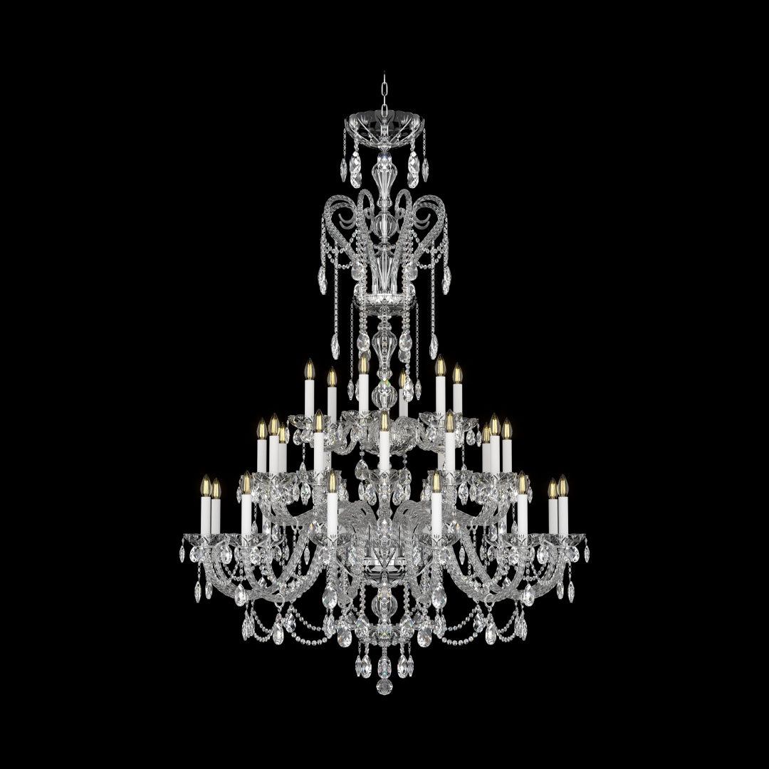 Même lustre cristal éteint, face, montrant pampilles et chaînettes de cristal taillé