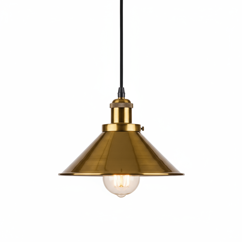 Produit isolé : suspension simple à abat-jour doré en cône sur fond blanc