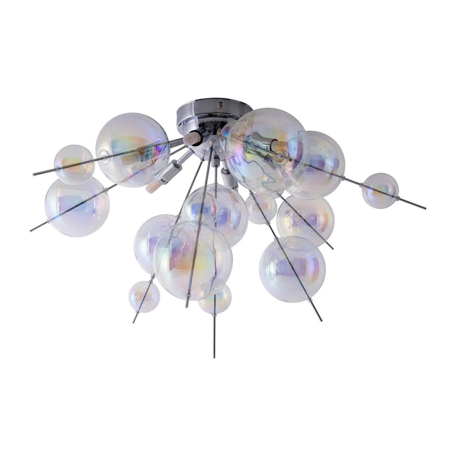 Luminaire plafonnier aux multiples globes en verre irisé montés sur tiges chromées