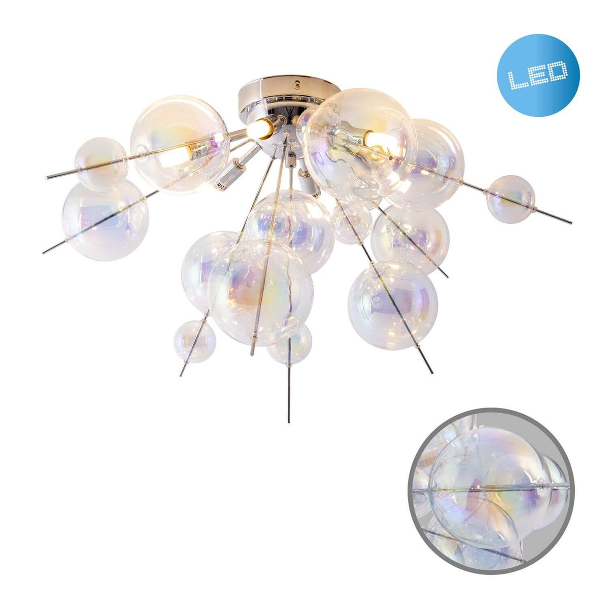 Vue du plafonnier avec pastille LED et détail rapproché du verre iridescent