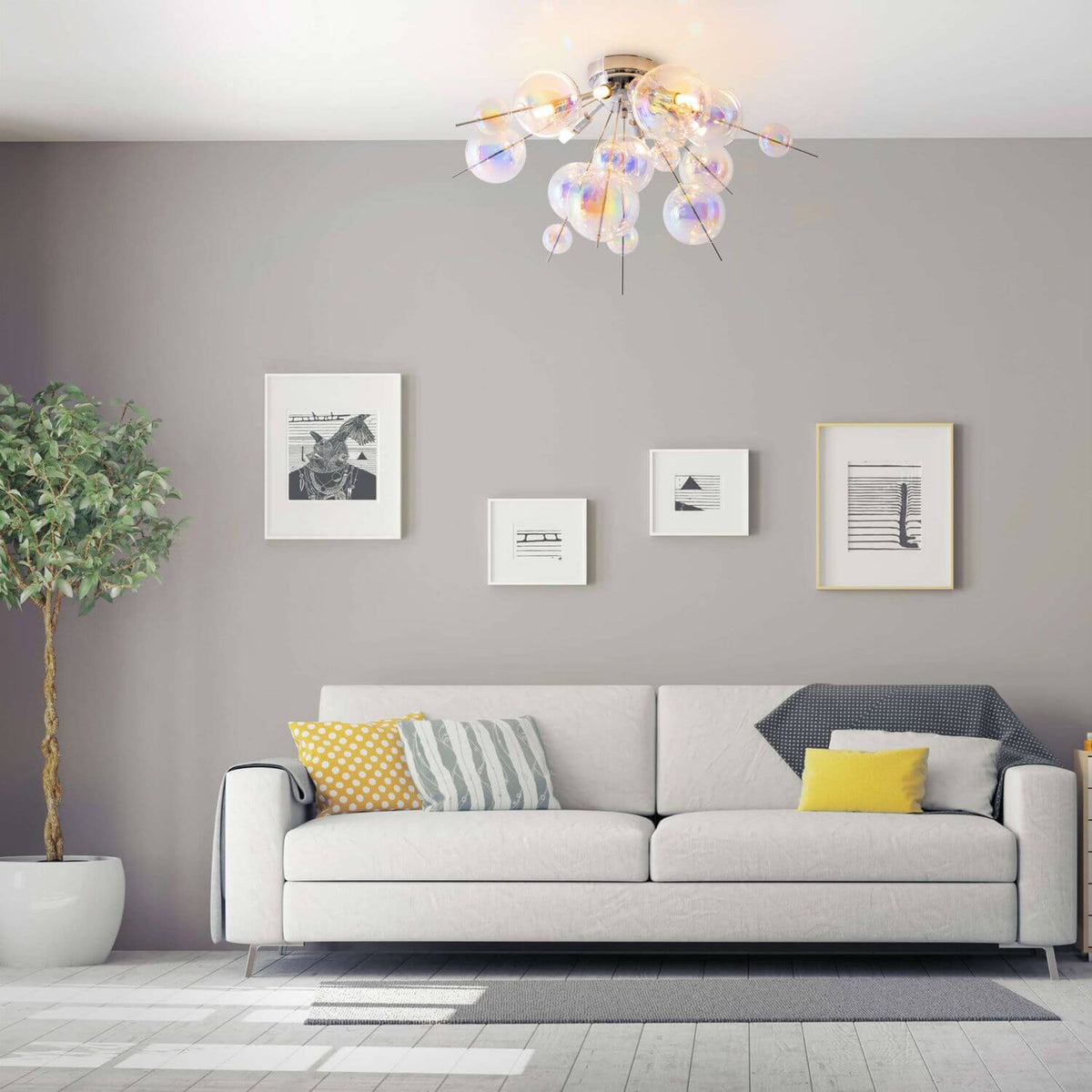 Mise en ambiance du plafonnier allumé au-dessus d'un canapé dans un salon moderne