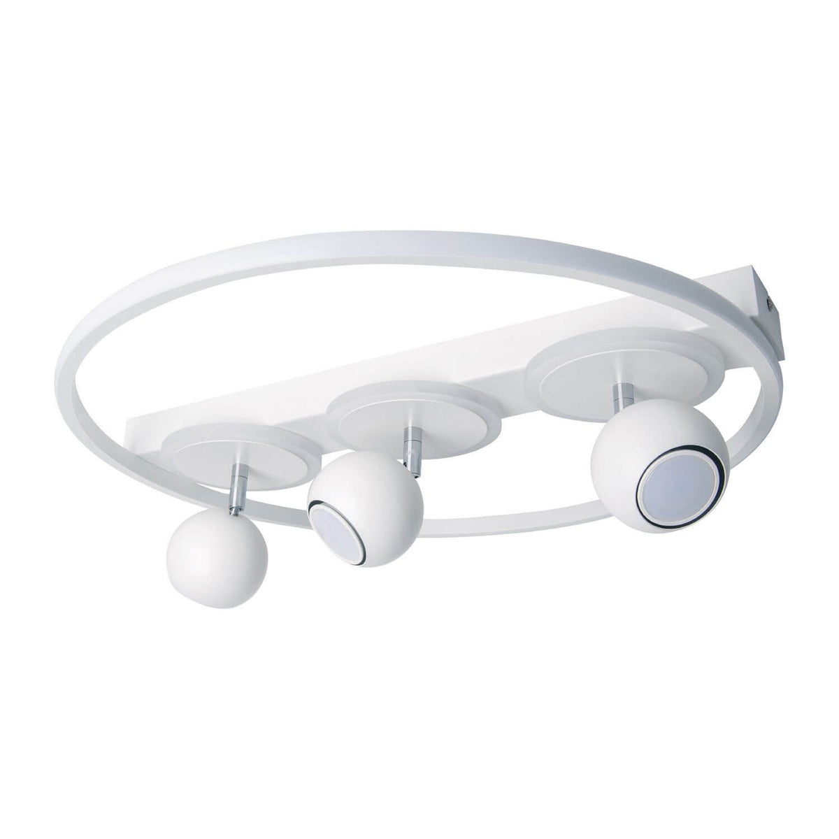 Luminaire blanc de face sur fond blanc, anneau circulaire et trois sphères orientables