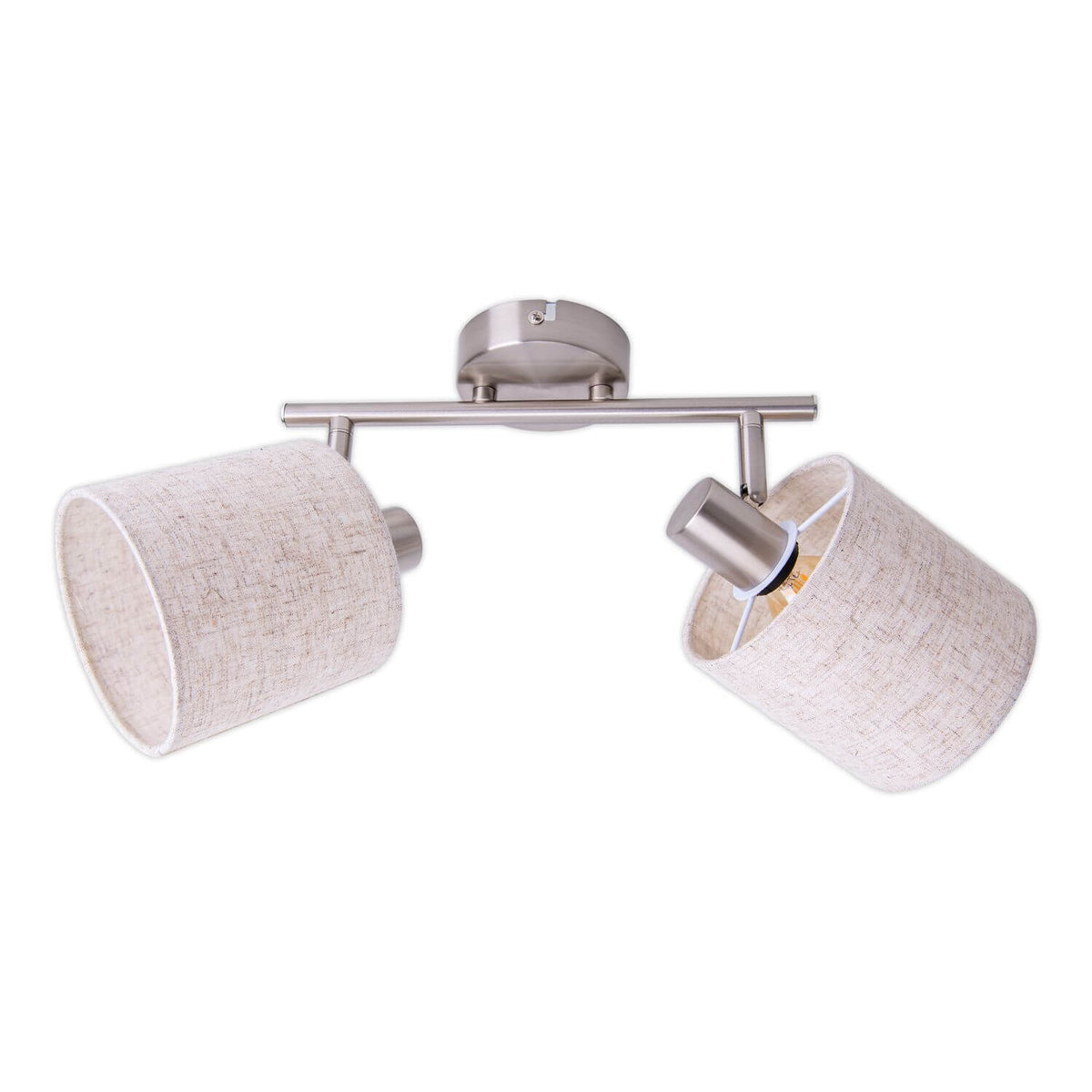 Vue de face sur fond blanc d'un plafonnier deux spots orientables en métal et tissu beige.