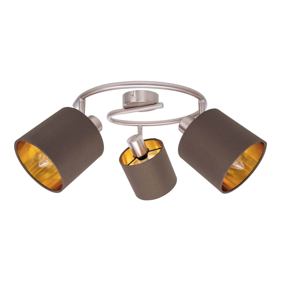 Plafonnier trois spots orientables, extérieur marron et intérieur doré, sur fond blanc.