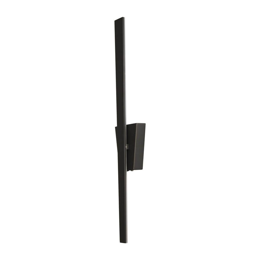 Vue de profil d'une applique murale noire verticale, montrant son support mural et sa finesse.