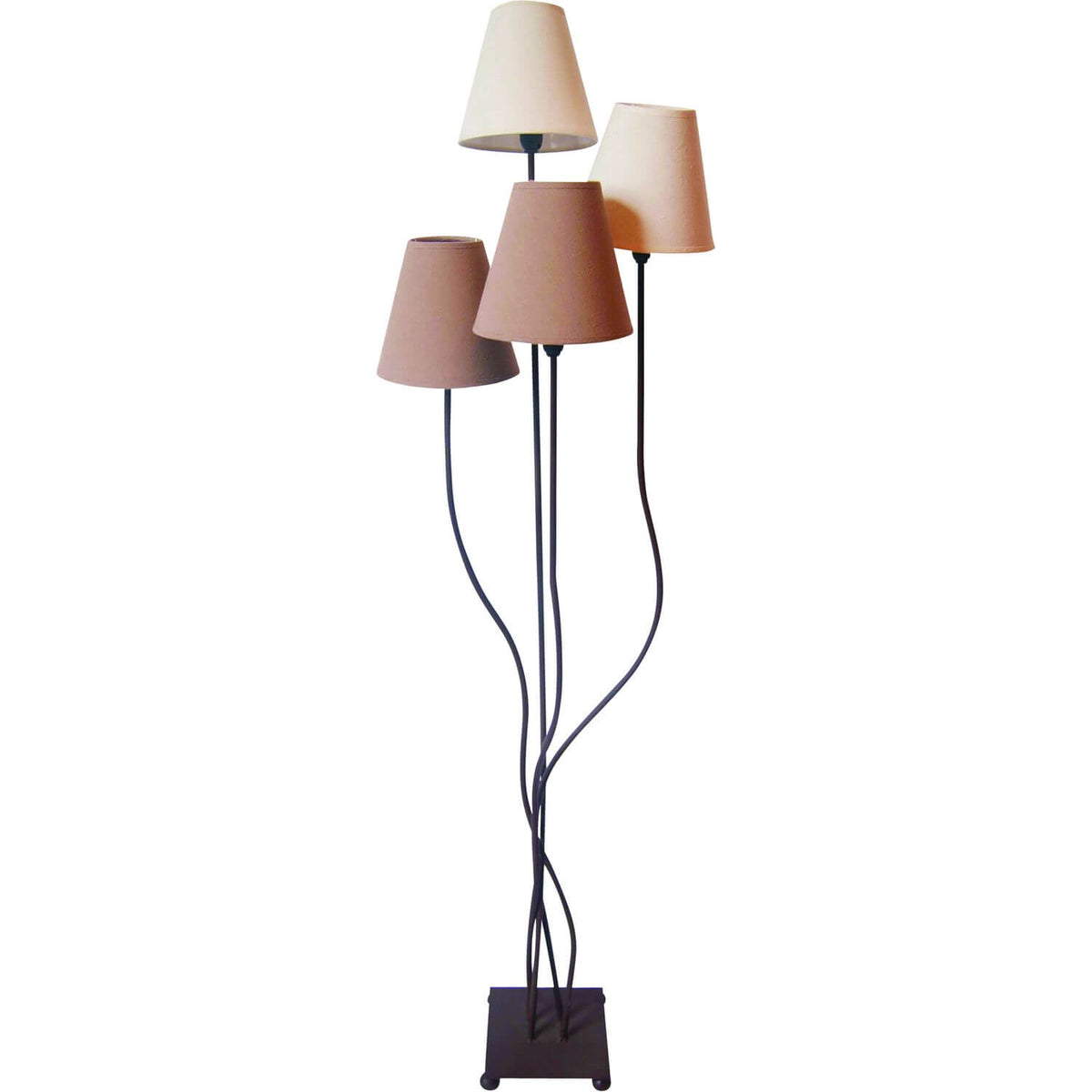 Lampadaire beige à quatre abat-jours en tissu sur tiges métal noir recourbées