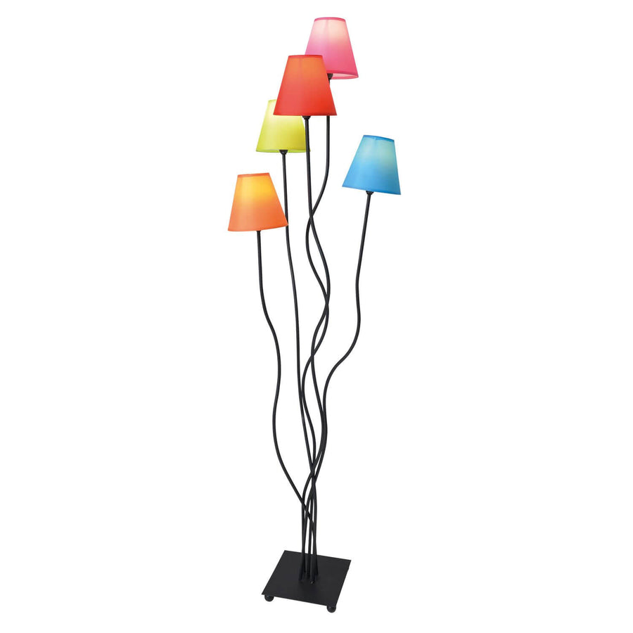 Lampadaire cinq abat-jours colorés, tiges ondulées noires, base carrée, fond blanc