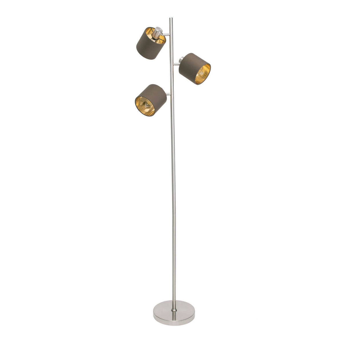 Lampadaire trois projecteurs cylindriques en tissu marron et intérieur doré, fond blanc