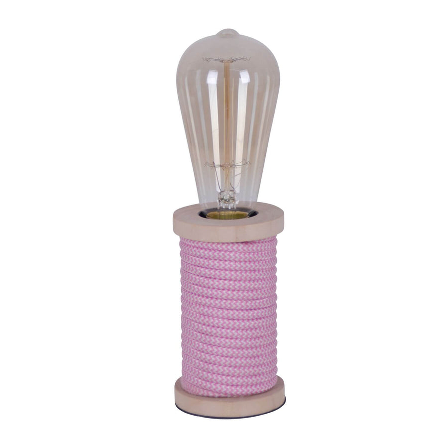 Lampe à poser rose en forme de bobine de fil, ampoule vintage transparente, fond blanc