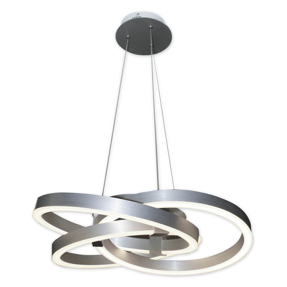 Suspension design composée de trois anneaux imbriqués en aluminium brossé.