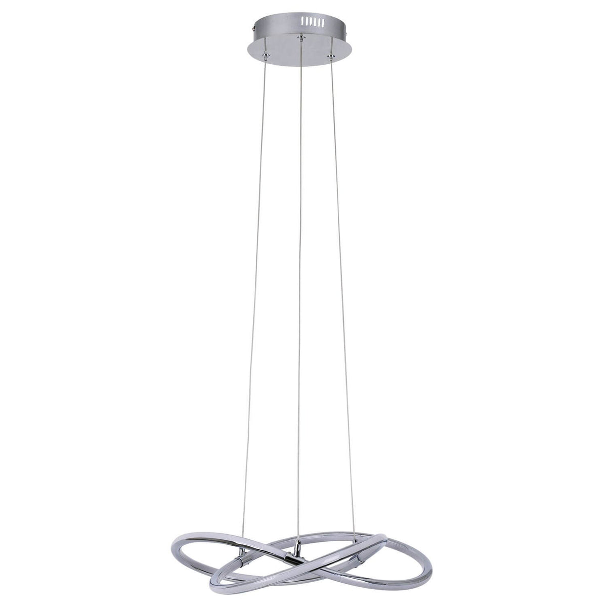 Suspension chromée vue de face, trois câbles fins et rosace ronde fixée au plafond