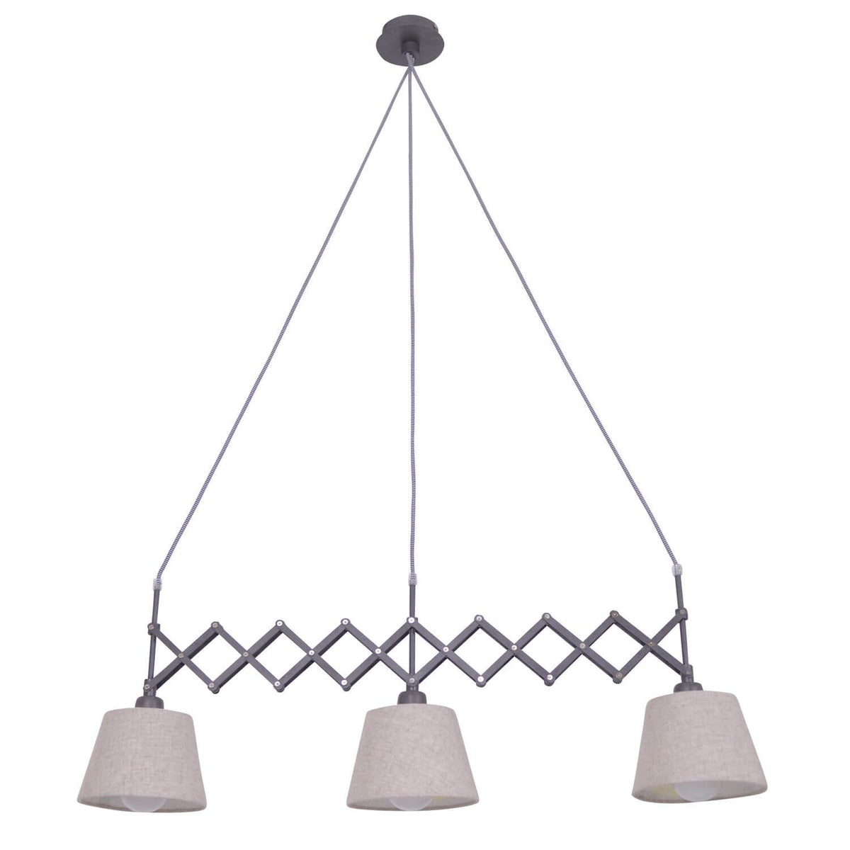 Suspension trois abat-jours textile beige, structure métallique accordéon vue de face sur fond blanc