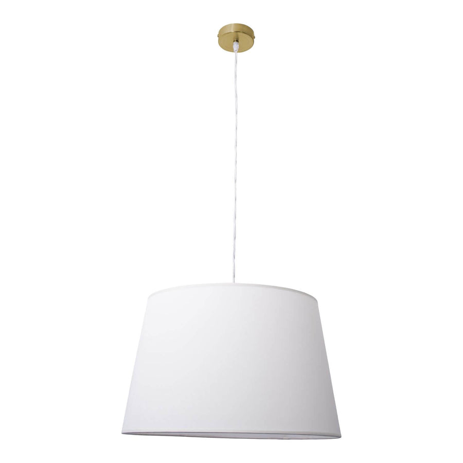 Vue de face de la suspension Bologna avec abat-jour blanc et détails en laiton doré.