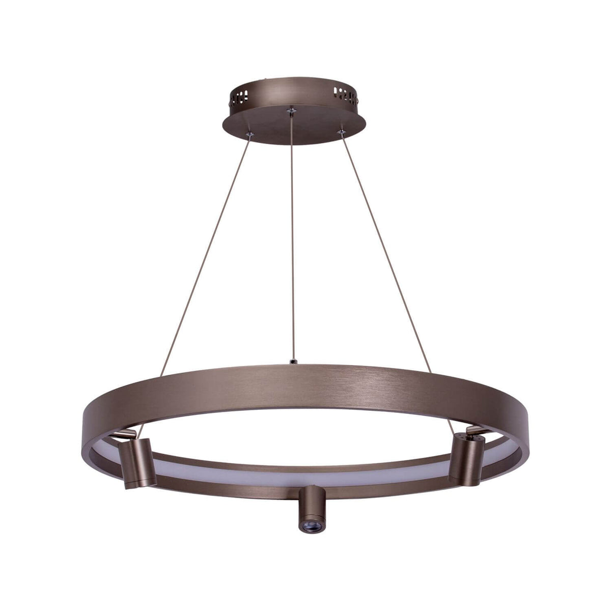 Suspension circulaire aluminium brossé, anneau avec trois projecteurs orientables, vue de face.