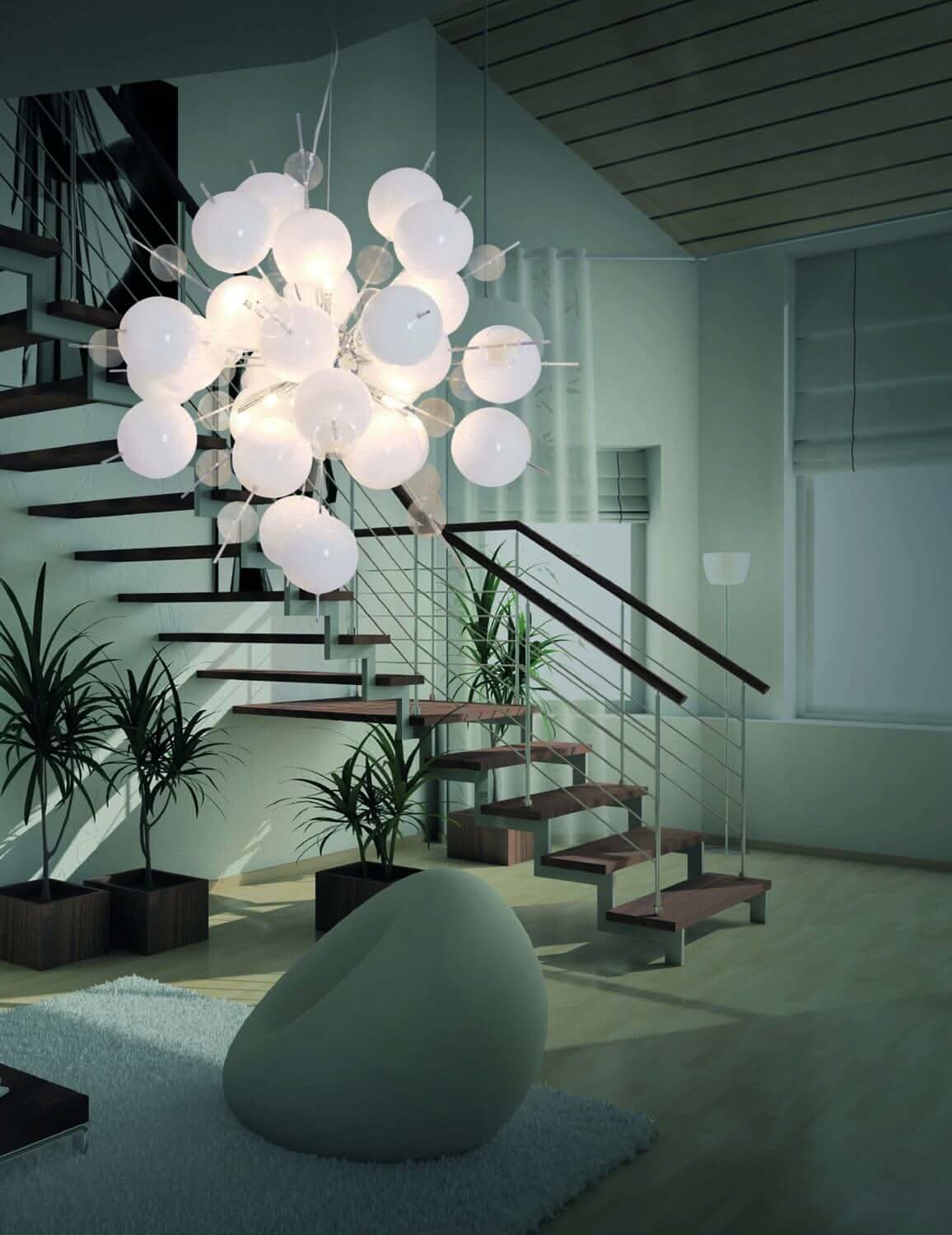 Scène de nuit près d'un escalier, la suspension éclaire la pièce de sa lumière