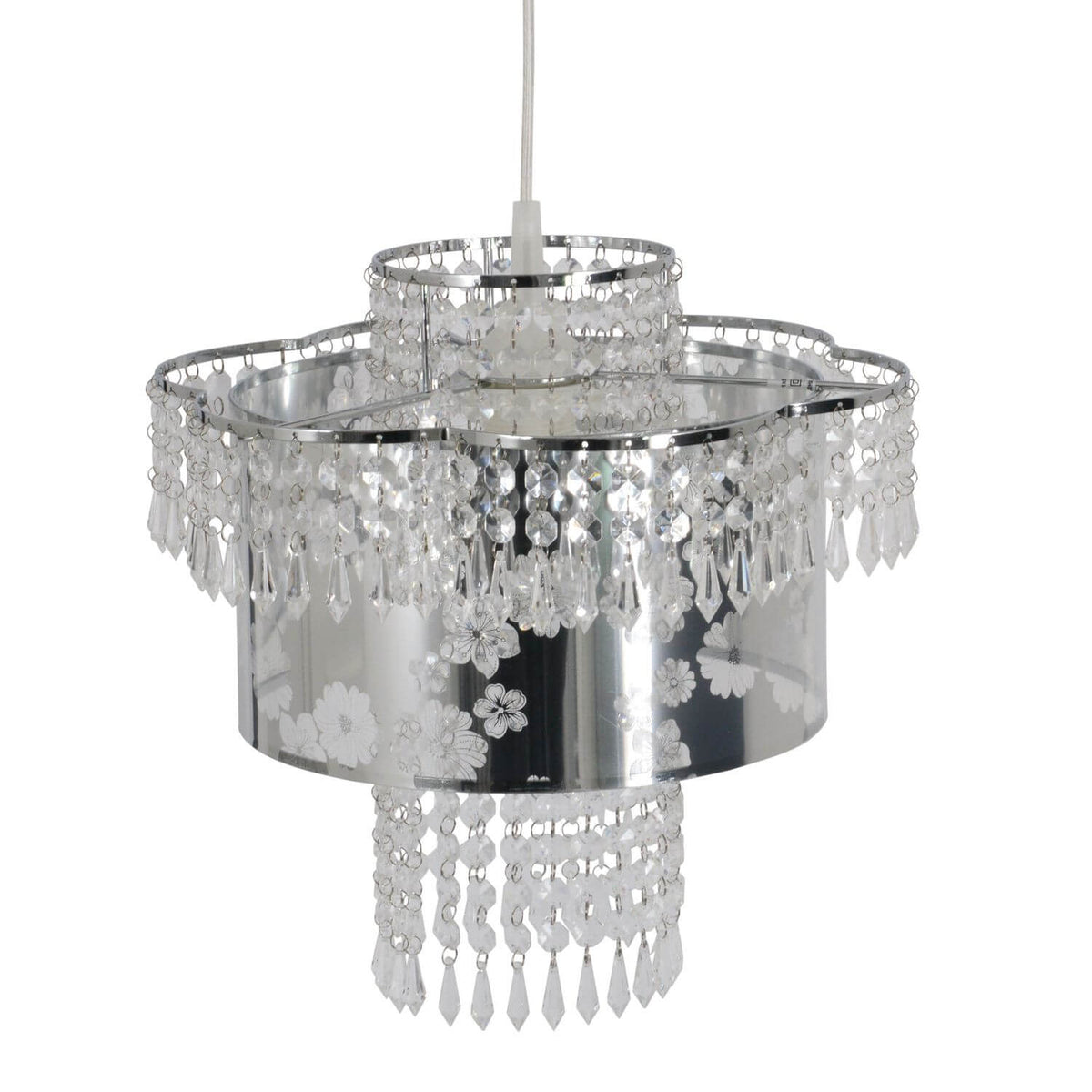 Suspension chromée à abat-jour cylindrique ajouré, perles de cristal et motif floral, sur fond blanc.