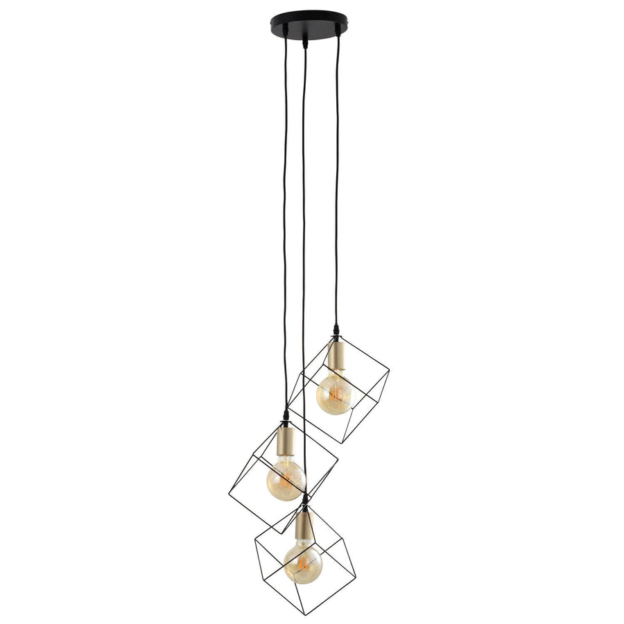Suspension noire à trois cages cubiques en fil métallique, ampoules visibles, fond blanc.