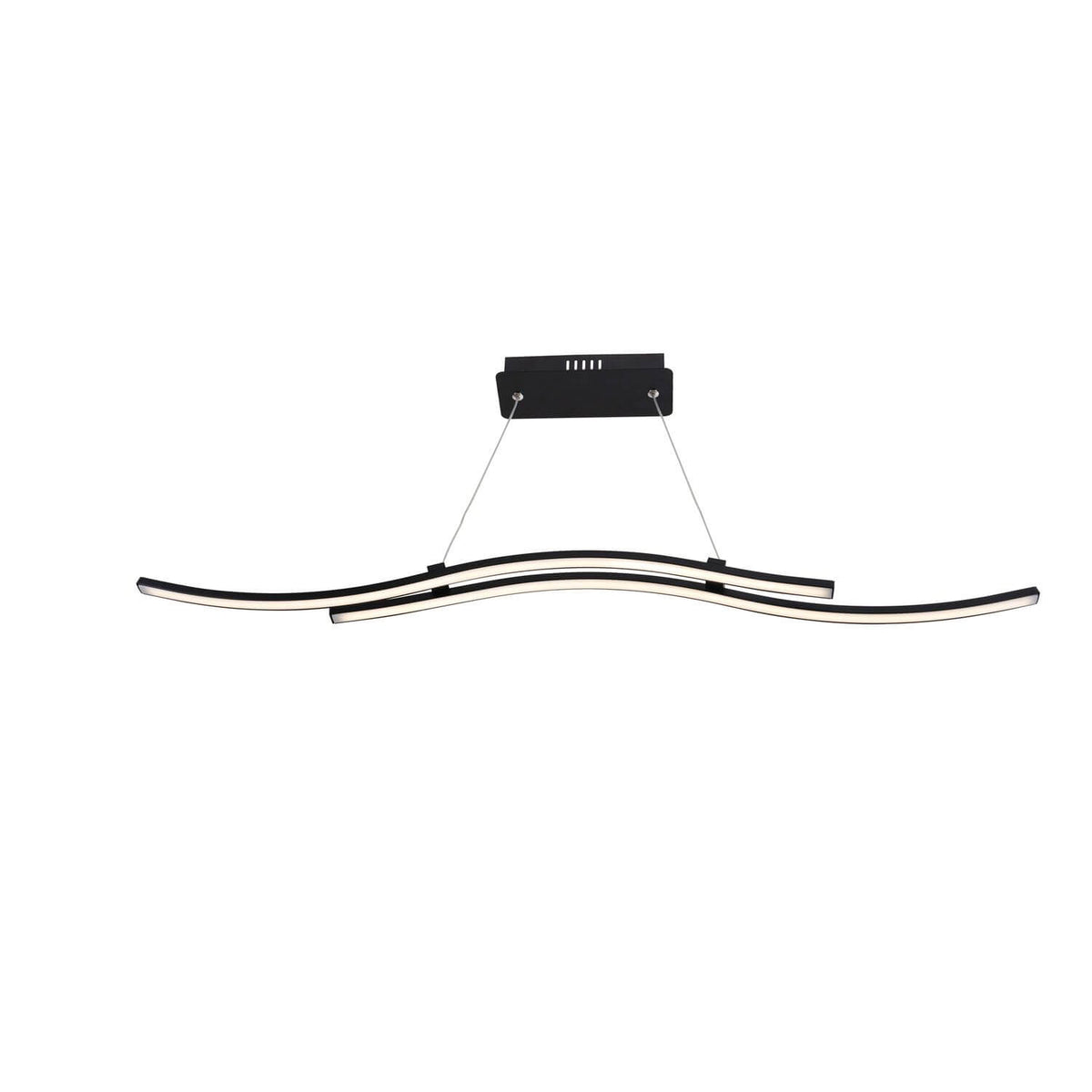 Vue de face de la suspension noire à double ruban ondulé sur fond blanc