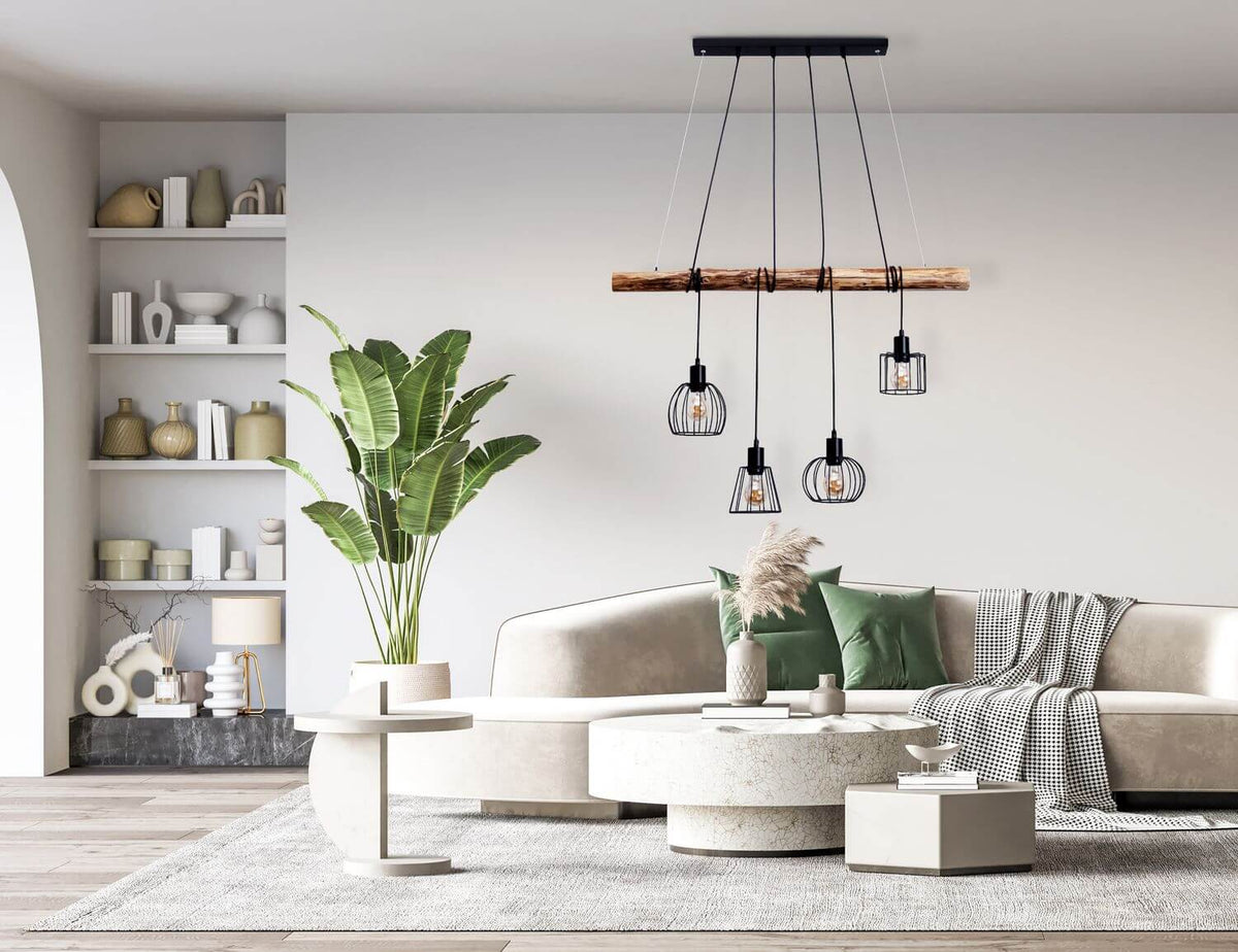 Luminaire installé au-dessus d'un canapé blanc dans un intérieur moderne et épuré