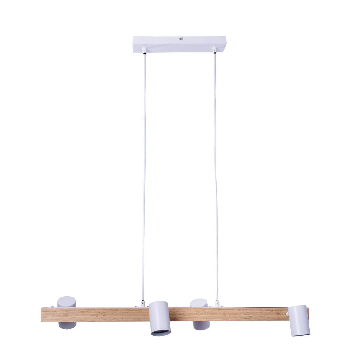 Suspension blanche à barre en bois et quatre projecteurs cylindriques orientables.