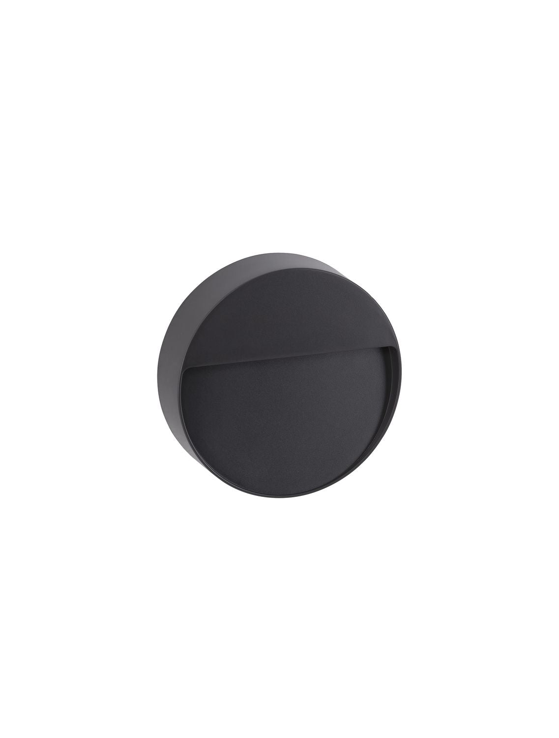 Vue de face du luminaire rond gris anthracite sur fond blanc, éteint