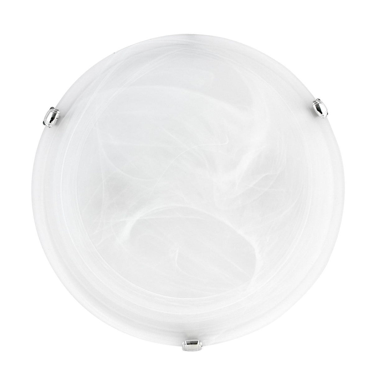 Plafonnier rond en verre blanc opalin, vue de dessous avec trois fixations chromées apparentes