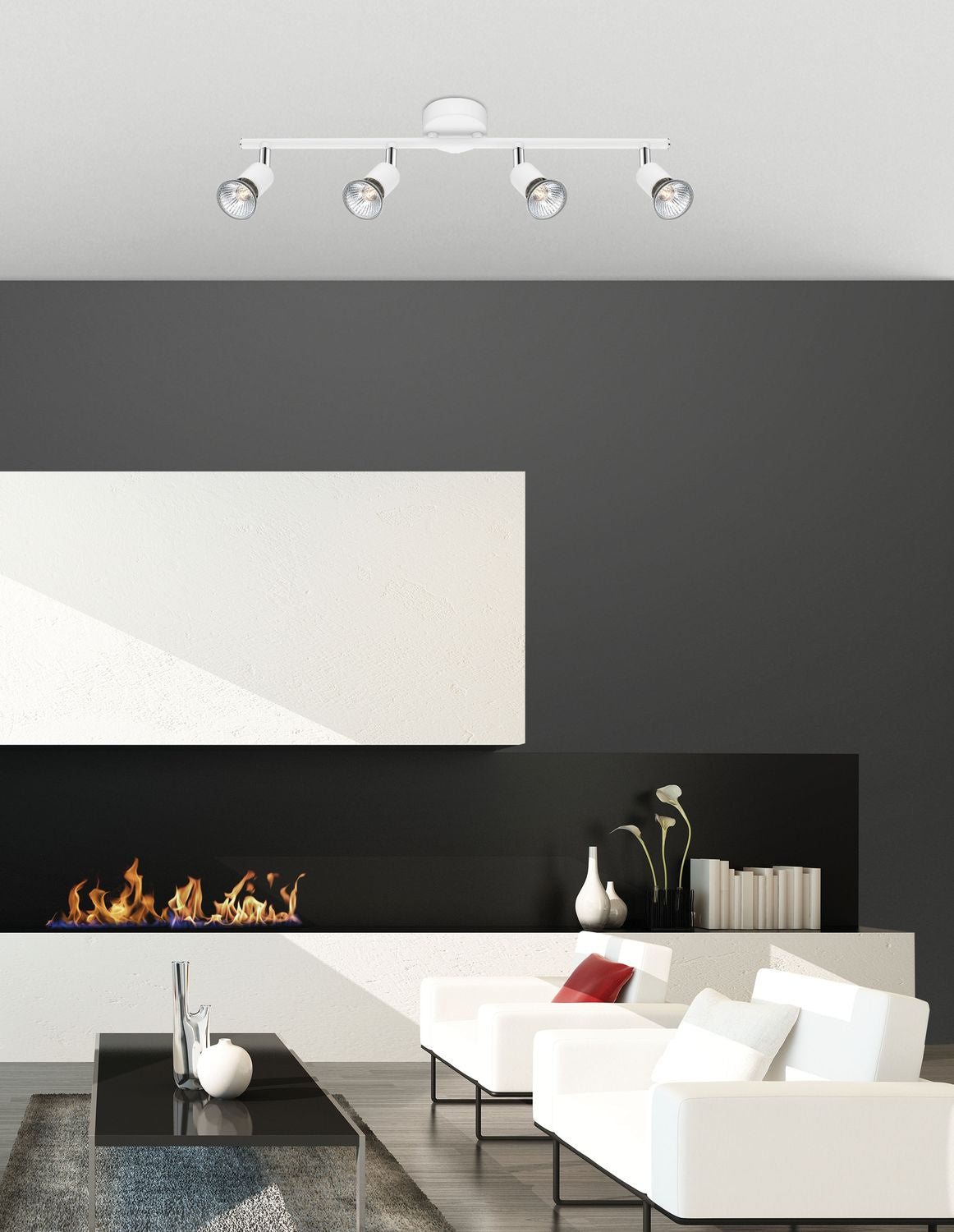 Plafonnier blanc fixé au plafond dans un salon contemporain avec cheminée et fauteuils.