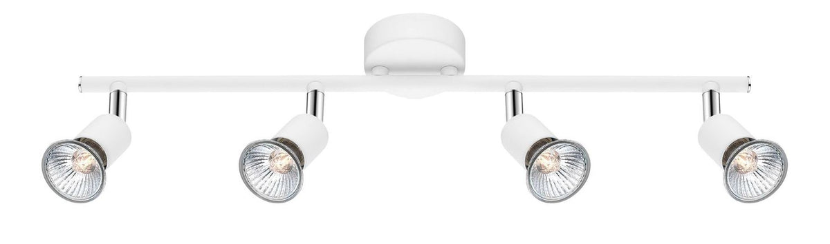 Vue de face du plafonnier blanc à quatre projecteurs orientables sur barre.