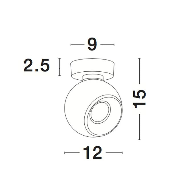 Schéma technique coté du plafonnier indiquant largeur, hauteur et diamètre en centimètres.