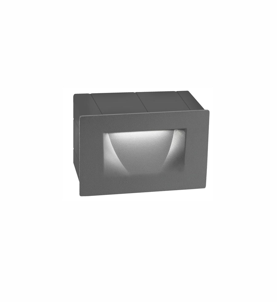 Produit seul sur fond blanc : applique murale grise rectangulaire avec réflecteur incurvé en bas.