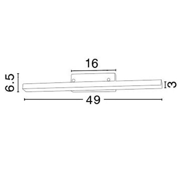 Schéma technique coté du luminaire avec largeur 49 cm, hauteur 6,5 cm et profondeur 3 cm
