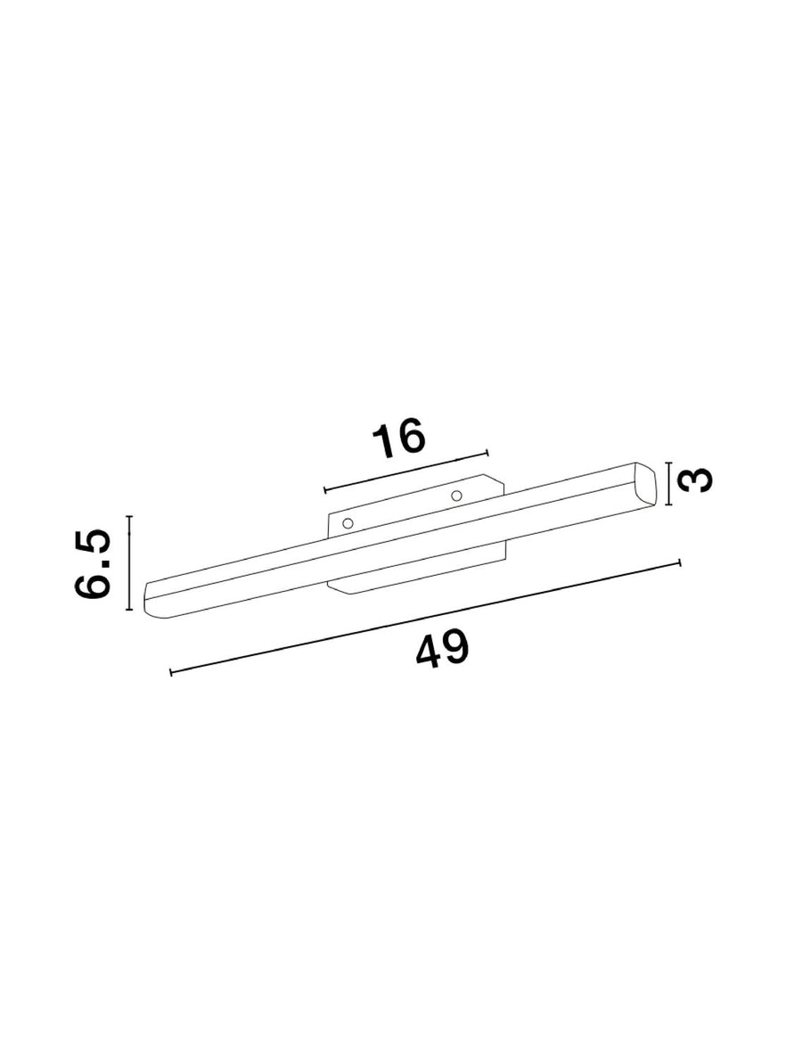 Schéma de dimensions cotées du luminaire : longueur, entraxe du support et hauteur