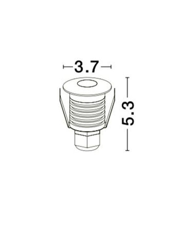 Schéma coté du spot indiquant 3,7 cm de diamètre et 5,3 cm de profondeur