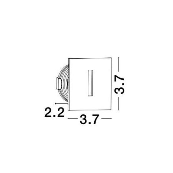 Schéma coté du luminaire indiquant 3,7 cm de côté et 2,2 cm de profondeur