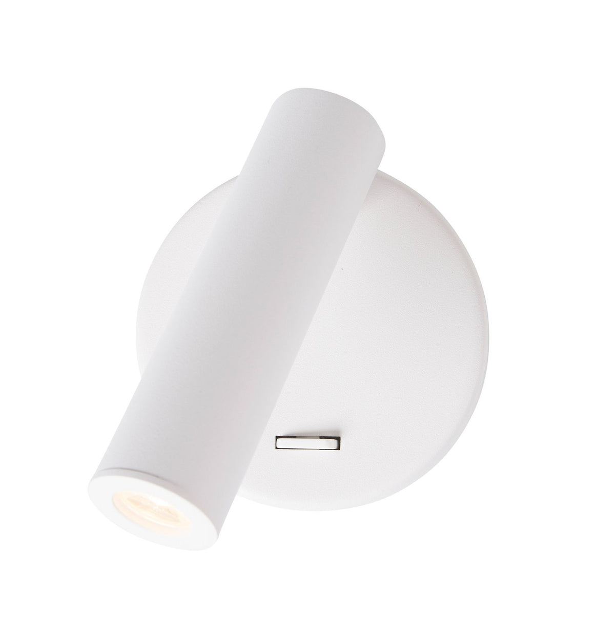 Produit de face sur fond blanc, cylindre orientable et base ronde blanche
