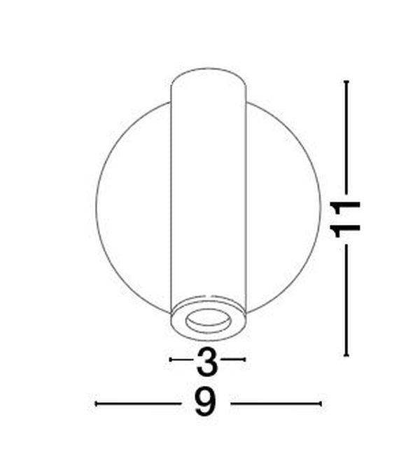Schéma coté : hauteur 11 cm, largeur 9 cm, diamètre du projecteur 3 cm.