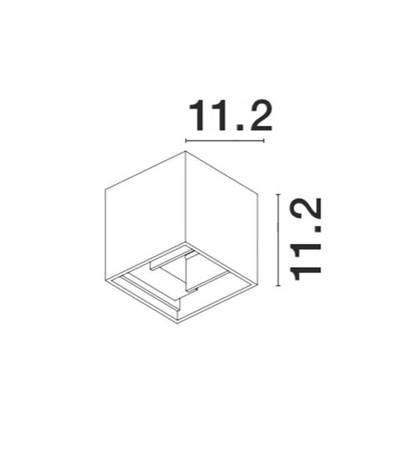 Schéma technique coté : applique carrée 11,2 cm par 11,2 cm, vue de dessous.