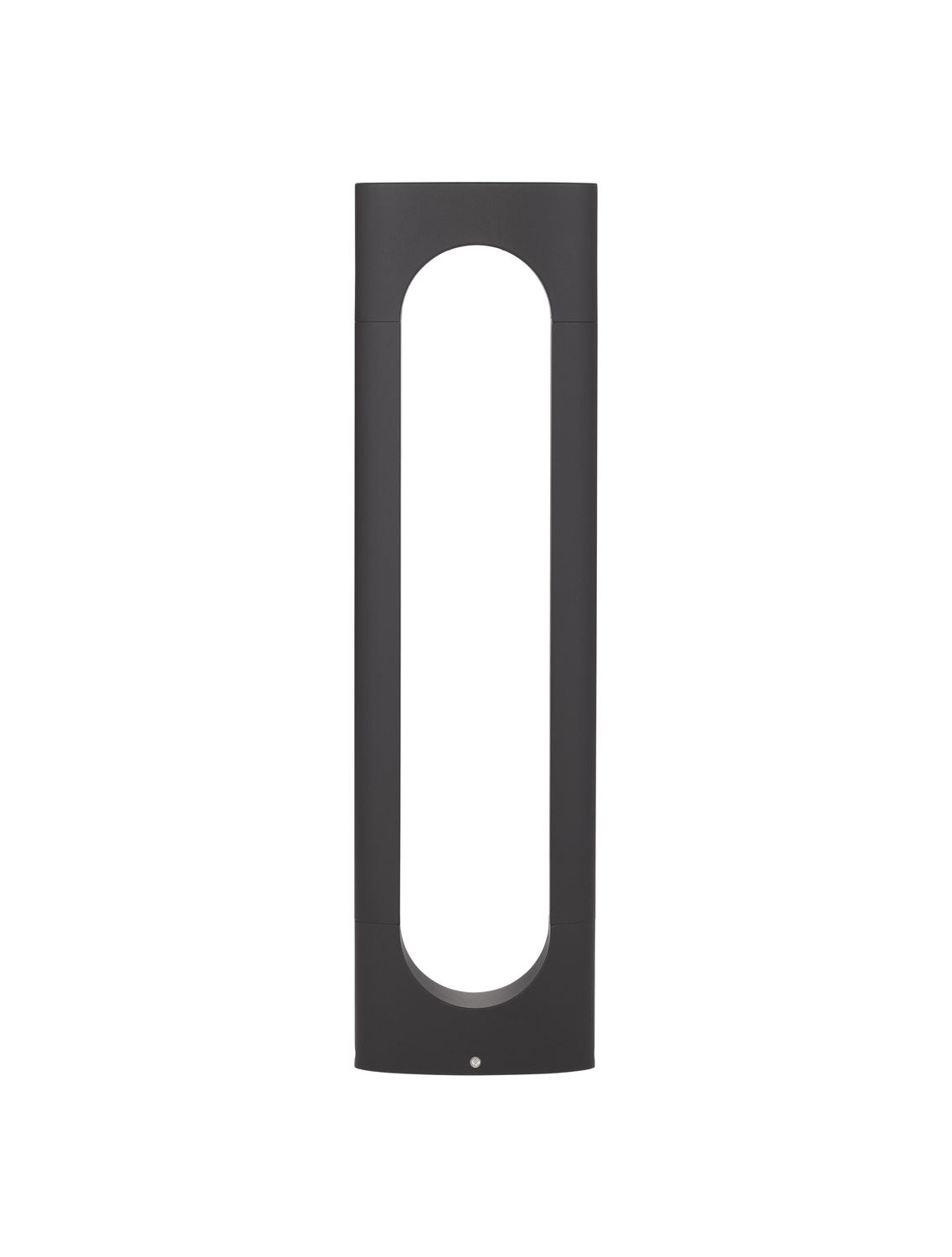 Vue de face du luminaire noir sur fond blanc, dévoilant l'ouverture en arche