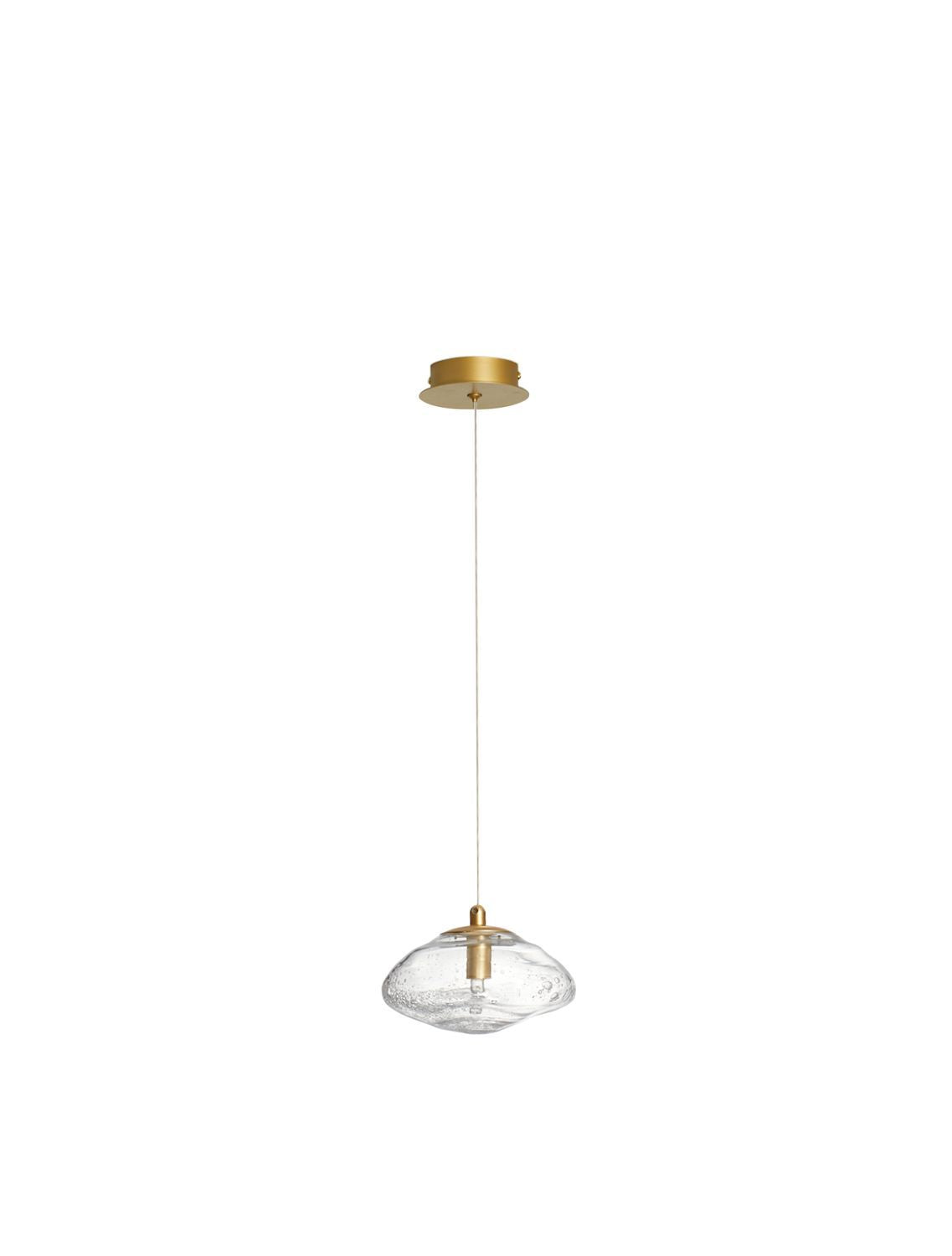 Vue de face du luminaire suspendu sur fond blanc, verre et laiton