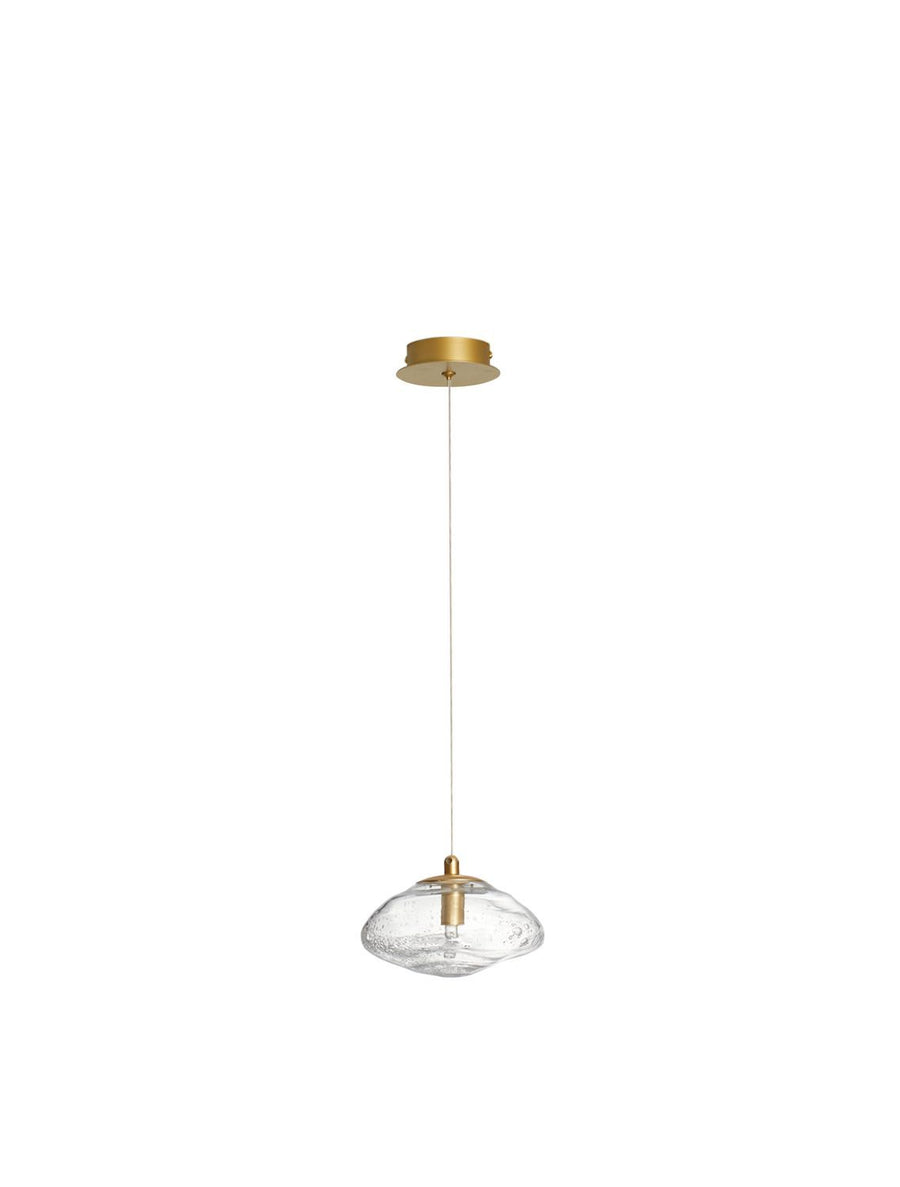 Vue de face du luminaire suspendu sur fond blanc, verre et laiton