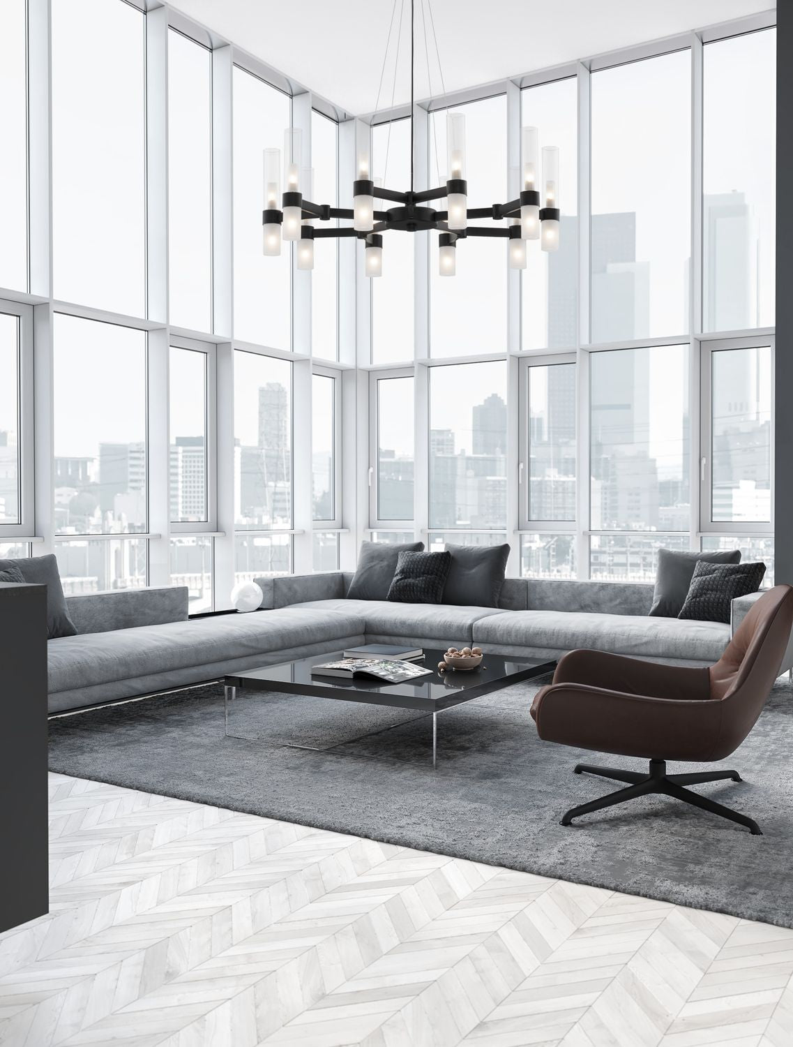 Suspension noire à douze lumières installée dans un salon contemporain avec vue urbaine.