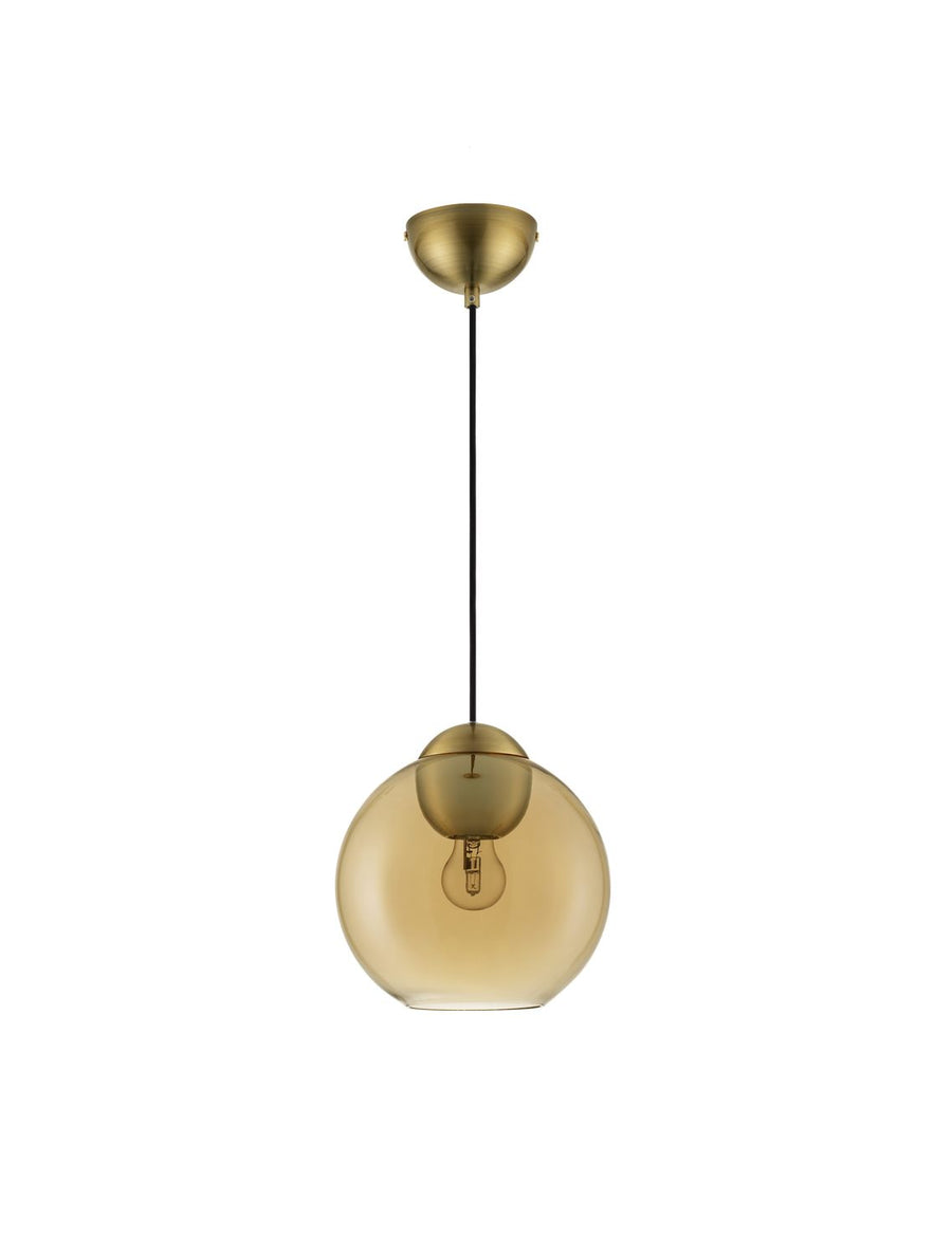 Vue d'ensemble du luminaire suspendu, câble noir et coupelle dorée fixée au plafond