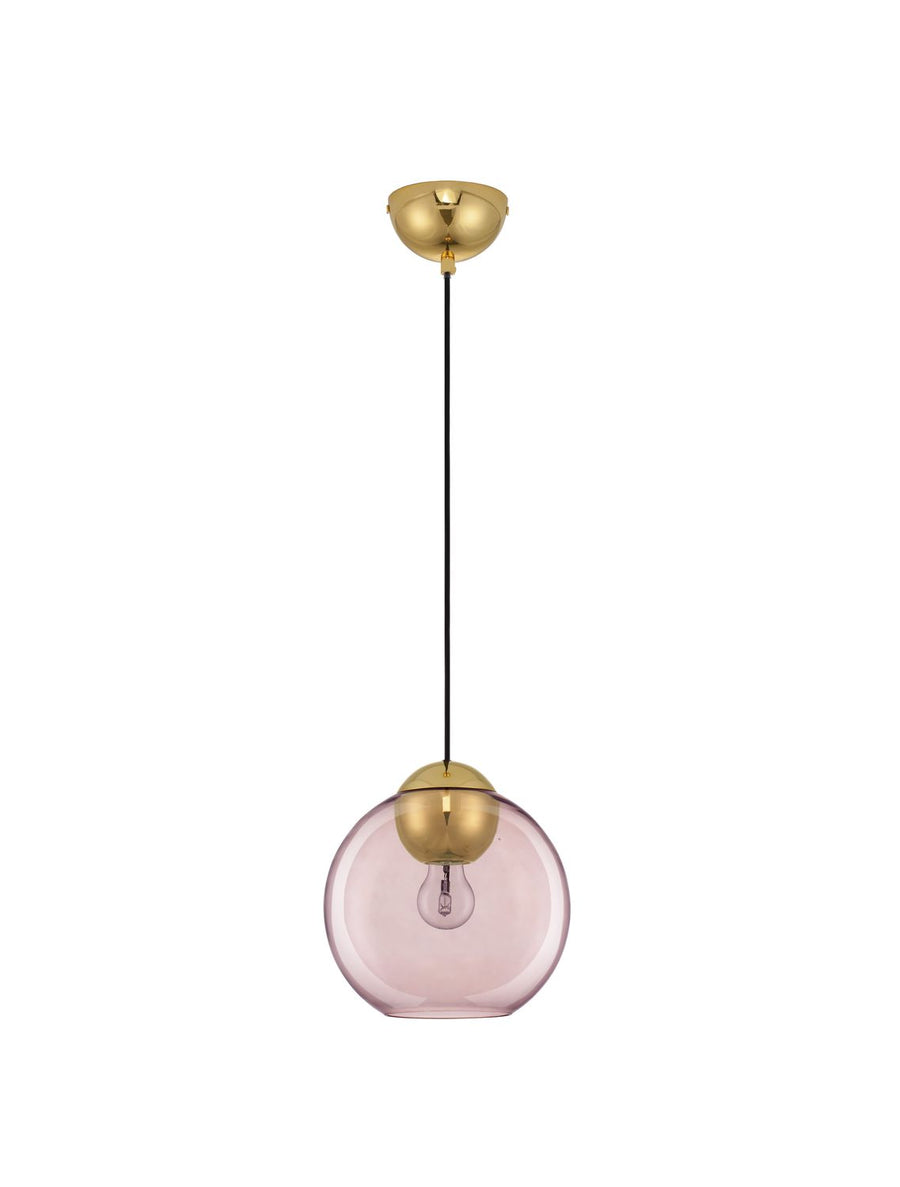 Vue entière sur fond blanc du luminaire suspendu à la verrerie rose pâle